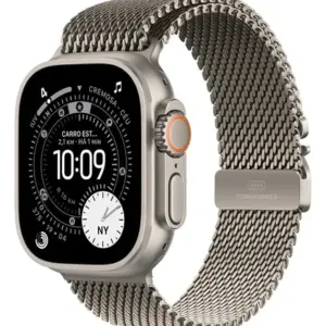 Apple Watch Ultra 3 GPS + Cellular • Caixa natural de titânio – 49 mm • Pulseira natural estilo milanês de titânio – G