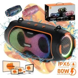 Basike Caixa de Som Bluetooth Portátil Boombox 80W 8000mAh Hifi Xtreme 3 Com RGB TWS IPX6 Prova Dágua Grave Potente Bass Boost Para Karaoke Profissional Party Samba Funk Baile Carioca HipHop Forró Axé