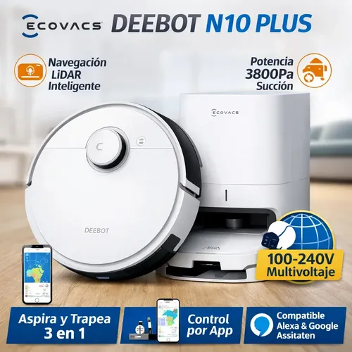 Aspirador robô Ecovacs Deebot N10 Plus com base vazia automática Lidar Navigation 3800pa Smart Mapping Wifi App Control Sweep Vacuum Mop 3 em 1 Smart Home High Power 100-240 V Multivoltagem