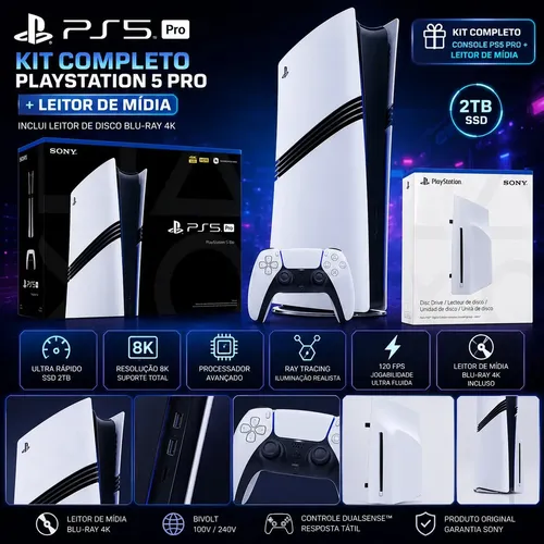 Console Playstation 5 Pro 2tb Branco Sony Com Leitor De Midia Original 100v/240v Ps5 Pro Ultra Rápido Ray Tracing 8k Ssd 2tb Controle Dualsense Novo Lacrado Garantia Envio Imediato Brasil Bivolt