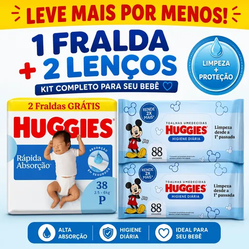 Kit Fralda Huggies P 38 Un + 2 Lenços Umedecidos 176 Un