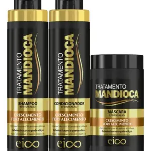 Eico Tratamento Mandioca Shampoo Sem Sal 800ml E Condicionador Leave-in 750ml + Máscara Creme Hidratação 1kg Força Crescimento Fortalecimento Capilar