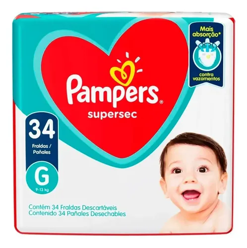 Fralda Infantil Pampers Supersec Mega 9 A 13kg G 34 Unidades Tamanho Grande (G)