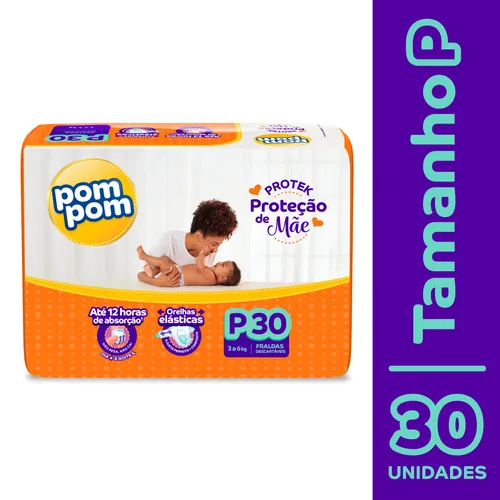 Fralda Pom Pom Protek Tamanho P para Bebês de 3 a 6 kg (30 Unidades)