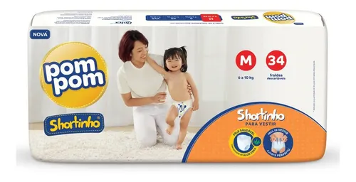 Fralda Descartável Infantil Shortinho Tamanho M Pacote 34 Unidades De 6 a 10kg Pom Pom