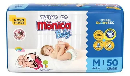 Fralda Descartável Turma Da Monica Mega M Com 50 Tiras